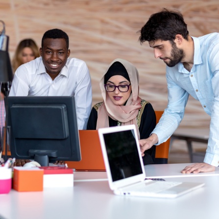 Royalty-free stock photo ID: 790113865 diverse college students using laptop and talking, learning exchanging ideas. 