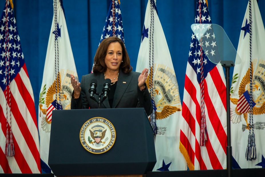 US Vice President Kamala Harris speaks at the Center for the Arts in September 2022 about the Inflation Reduction Act.