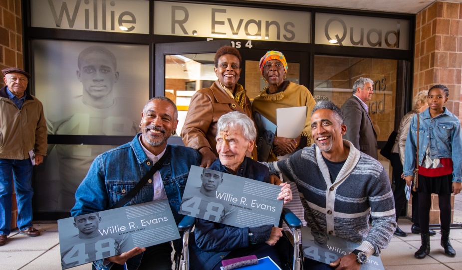UB formally named the Willie R. Evans Quadrangle during a ceremony in September 2022 that was attended by Evans' family members, including his widow, Bobbie. Evans was a star running back of the 1958 UB football team. Photographer: Douglas Levere.