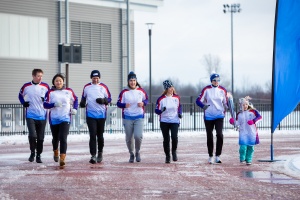 The relay team included Vickie Mitchell (second from the right), head coach of the UB men’s and women’s track and field and cross-country teams, and an athlete at the 1993 World University Games. Photo: Meredith Forrest-Kulwicki.