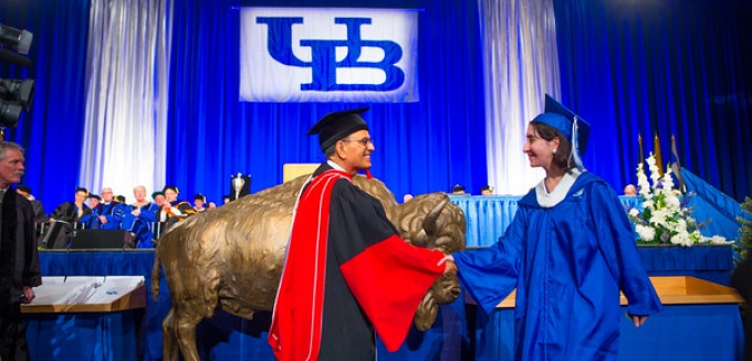 President Tripathi congratulates 2015 UB graduates.