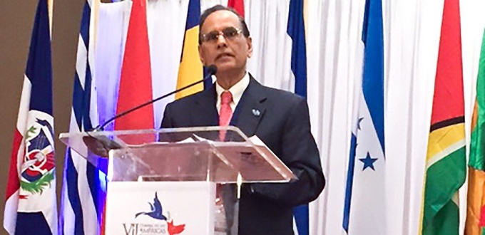 UB President Satish K. Tripathi speaking at the Summit of the Americas.