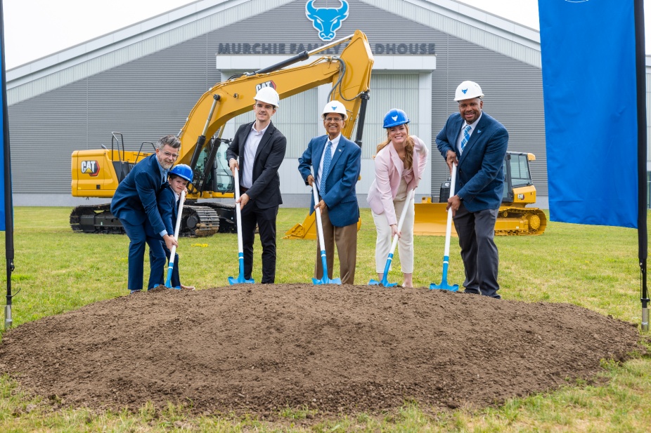 Brent Murchie and son, Klajdi Mulla, Satish K. Tripathi, Brittany Murchie Mulla and Mark Alnutt break ground for the new Brittany Murchie Mulla Sports Performance Center. Photo: Paul Hokanson.