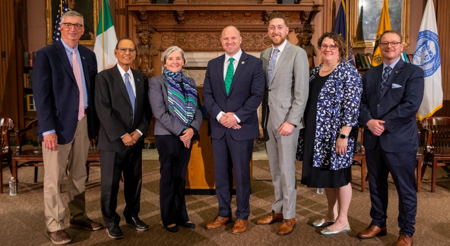 From left to right: Provost A. Scott Weber, President Satish K. Tripathi, Bonnie Kane Lockwood, WNY regional director for Gov. Kathy Hochul, NYS Senator Tim Kennedy, Dermot Fitzpatrick, vice consul general of Ireland in New York, Evviva Weinraub Lajoie, vice provost for University Libraries, and James Maynard, UB Libraries Poetry Collection curator. Photo: Meredith Forrest Kulwicki.