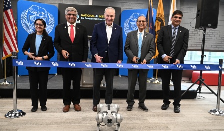 President Satish K. Tripathi participates in a ribbon cutting with Senator Charles Schumer, National Science Foundation Director Dr. Sethuraman Panchanathan and others. 