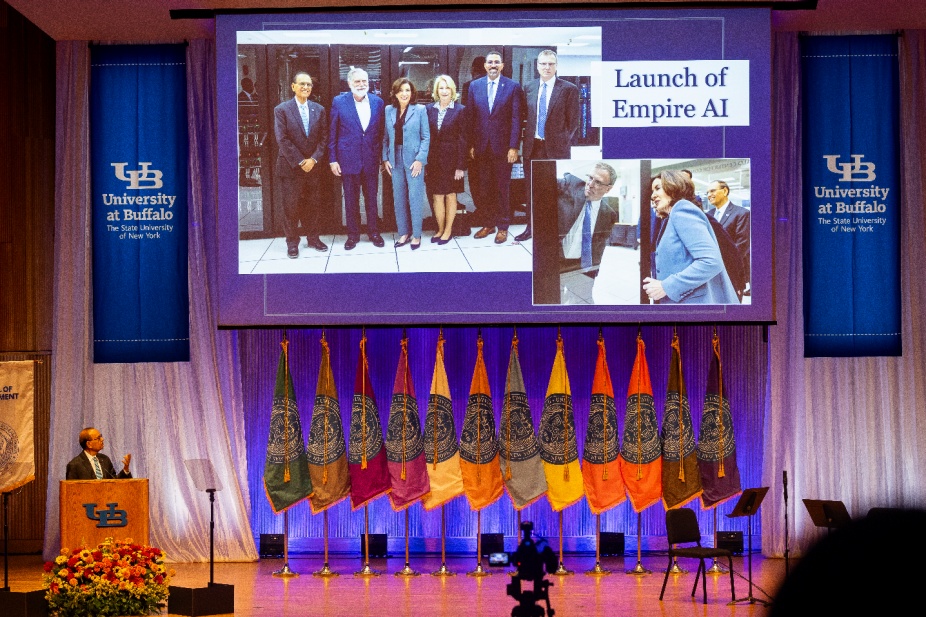 President Satish K. Tripathi delivers his annual State of the University address on stage in Slee Hall. 