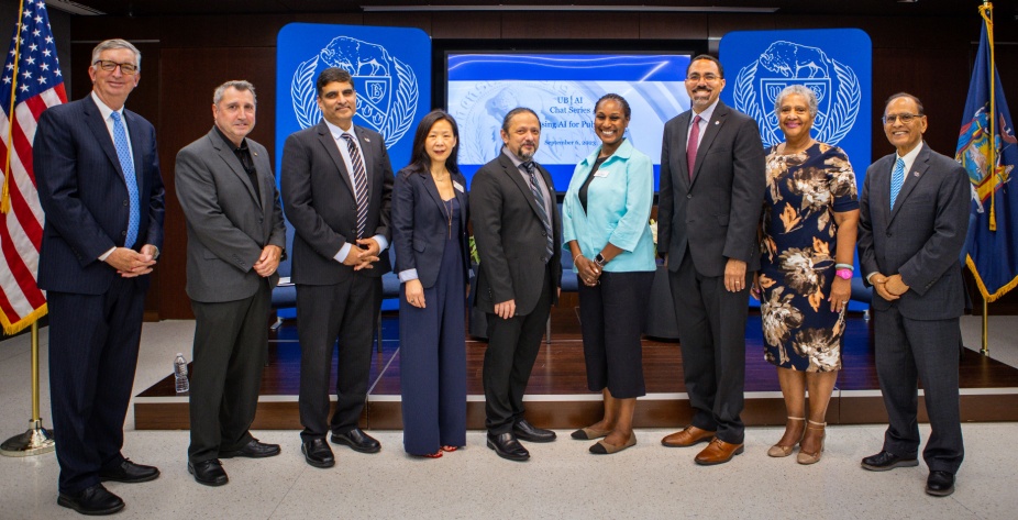 Provost A. Scott Weber, Dr. David Castillo, Dr. Venu Govindaraju, Dr. X. Christine Wang, Dr. Ciprian Ionita, Dr. Ifeoma Nwogu, Chancellor John B. King Jr., SUNY Trustee Eunice Lewin, and President Satish K. Tripathi.