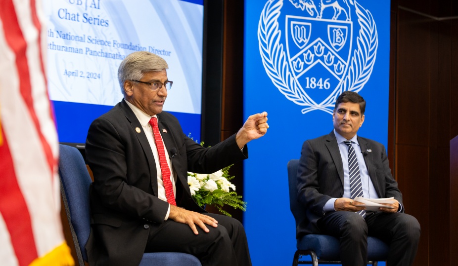 NSF Director Dr. Sethuraman Panchanathan with Dr. Venu Govindaraju at a UB|AI Chat Series event in spring 2024.