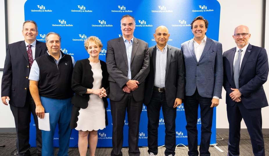 Group photo of the panelists. From left to right: Dr. Allison Brashear, Dr. Dario Gil, Dr. Jose Pinto, Mihir Rajopadhye, George Small and Chris Tolomeo. 