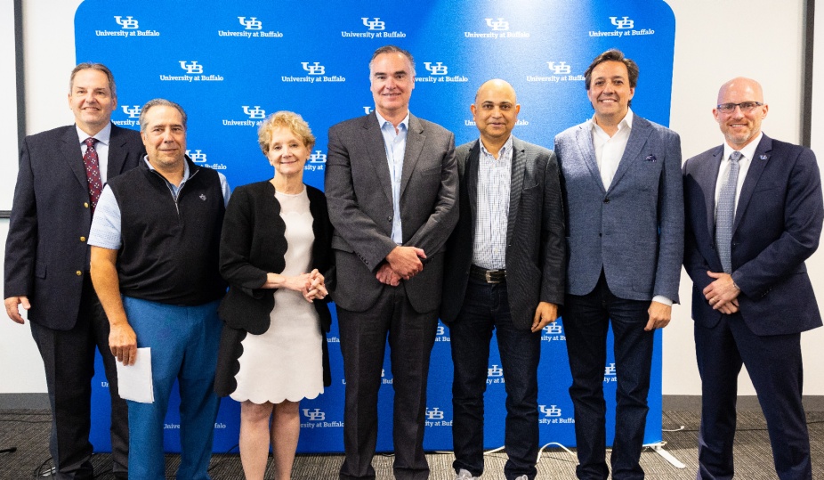 Group photo of the panelists. From left to right: Dr. Allison Brashear, Dr. Dario Gil, Dr. Jose Pinto, Mihir Rajopadhye, George Small and Chris Tolomeo.