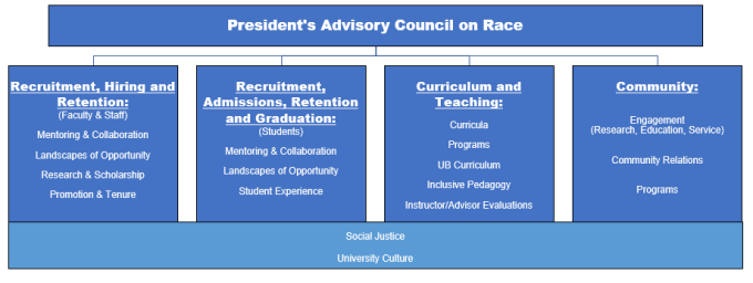 Organizational Structure of Focus Areas. Under the heading of the President's Advisory Council on Race, there are four categories: recruitment, hiring, and retention (faculty and staff), recruitment and retention (students), curriculum and teaching, and community. Under recruitment, hiring, and retention (faculty and staff), the priorities are mentoring and collaboration, landscapes of opportunities, research and scholarship, promotion and tenure. Under recruitment and retention (students), the priorities are mentoring and collaboration and landscapes of opportunity. Under curriculum and teaching, the priorities are curricula, programs, UB curriculum, inclusive pedagogy, and instructor/advisory evaluations. Under community, the priorities are engagement (research, education, service), community relations, and programs. Embedded in each focus area is social justice and university culture.