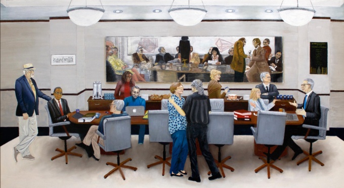 Oil painting with scene from a fictional PRB meeting.