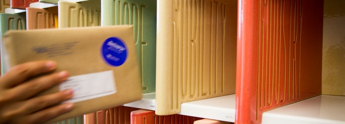 Terra cotta mailboxes.