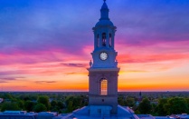 hayes hall bell tower at sunset. 