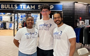 three student employees posing for a picture during our weekly Unplug & Play programming. 