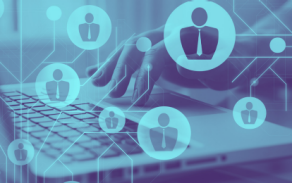 close up image of someone typing on a laptop with circle icons of avatar people wearing a tie disrersed overlaying the image.