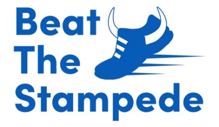 "Beat The Stampede" logo in UB Blue with a running shoe with horns.