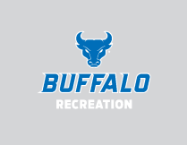 UB Blue and white outline spirit mark+BUFFALO+RECREATION stacked lock-up on a grey background.