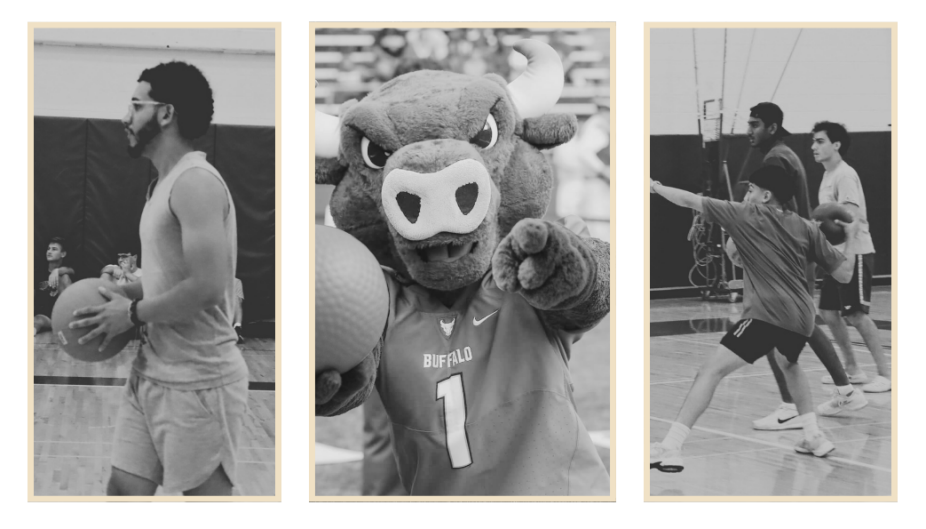 photo collage of a student holding a dodgeball, one of victor e bull holding a dodgeball and another of a student about to throw a dodgeball.