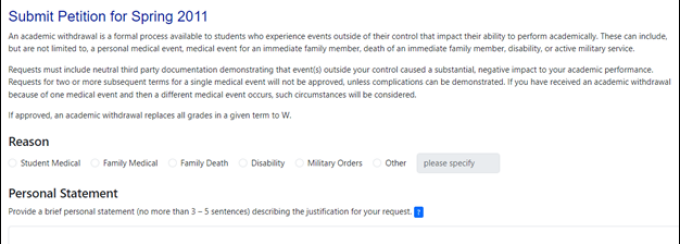 Screen with a lot of text about submitting a petition, with multiple reasons that a student can select. 