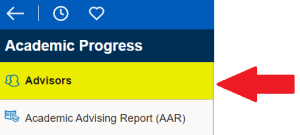 Zoom image: Arrow pointing to word Advisors under Academic Progress menu