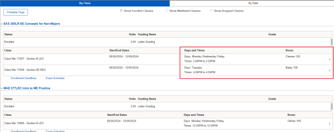 Zoom image: Info about classes with highlight box around Days and Times section