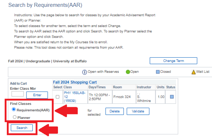 Zoom image: Search by requirements page with arrow pointing to Find Classes with Requirements selected, and arrow pointing to Search box