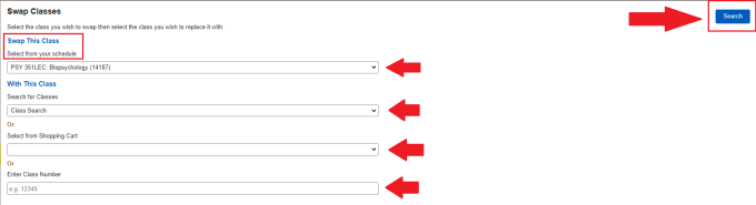 Zoom image: Box around "Swap This Class / select from your schedule"; arrows pointing to drop-down menus and entry boxes