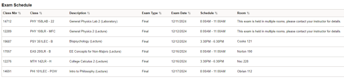 Zoom image: List of classes with exam date, schedule and room information for each