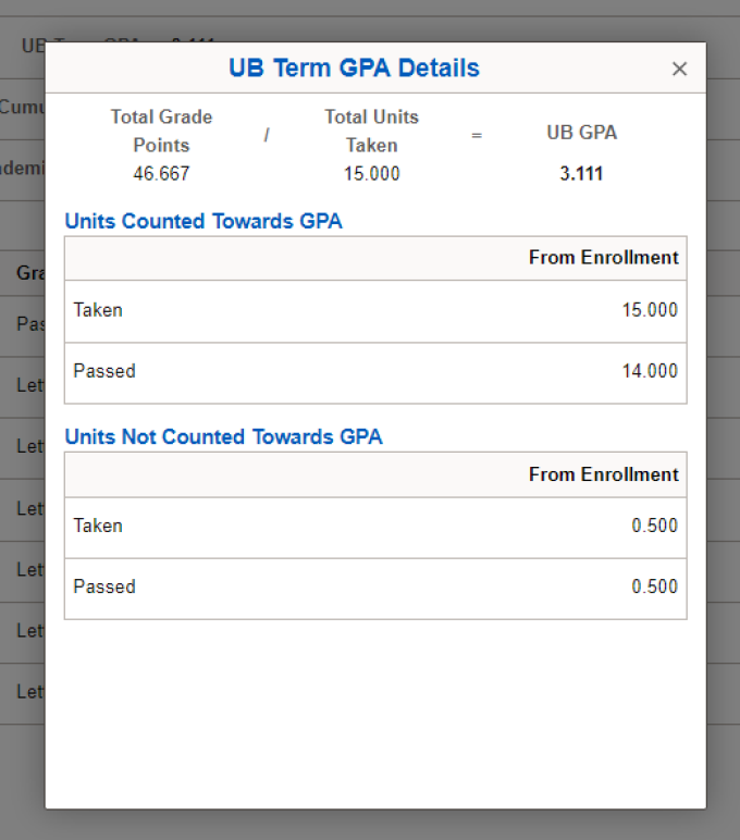 Zoom image: UB Term GPA Details screen with units counted toward GPA and units not counted towards GPA