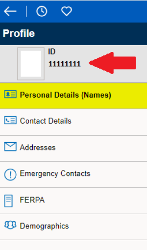 Zoom image: Arrow pointing to ID with ID number in menu; "Personal Details (Names)" highlighted in menu