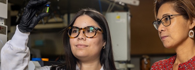 PhD student Karla Ríos-Bonilla (left) and Diana Aga (right) in lab. 