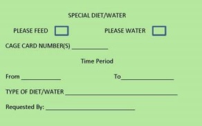 Special Diet/Water card for lab animals.