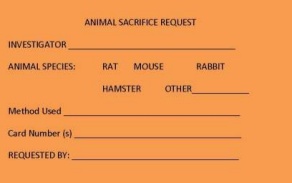 Animal scarifice request card for lab animals.