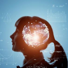 AI and Education: Young girl with digital mathematical equations in background and foreground.
