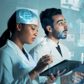 Physicians reviewing electronic medical records and test results on AI generated display.