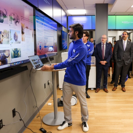 Presidents Office, SUNY, Elected Officials and Chancellor King visit UB. Student demos were setup in the Institute of Artificial Intelligence and Data Science. Photo credit: University at Buffalo | Meredith Forrest Kulwicki. 