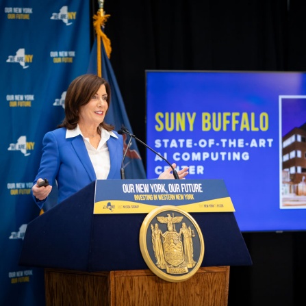 During a press conference in the Center for the Arts atrium, Gov. Kathy Hochul announced UB as the home for the Empire AI consortium, in January 2024. The university will be the site of her proposed statewide AI consortium, Empire AI, which will include construction of a state-of-the-art artificial intelligence computing center. Photographer: Meredith Forrest Kulwicki. 