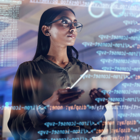 Woman on tablet thinking of programming and cybersecurity research. 