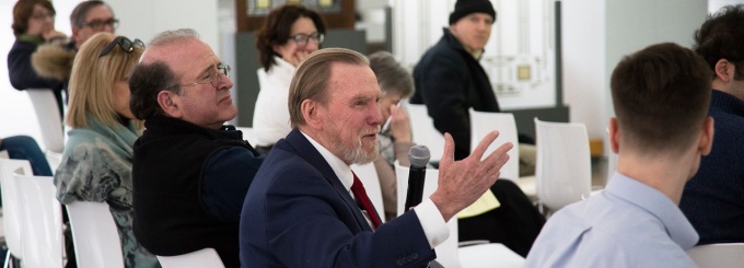 Professor Robert Shibley in the audience speaking at a panel discussion, "The Future of Preserving Modern Architecture". 