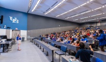A new-student orientation session takes place at the Natural Sciences Complex in July 2023. Students in attendance will return in the fall for their first semester at UB. Photographer: Douglas Levere. 