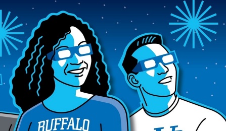 Illustration of UB student watching fireworks at the stadium.