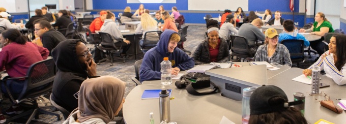 A sociology class, led by Julia Schoonover, is held in a newly renovated room, 120 Clemens Hall in September 2019.