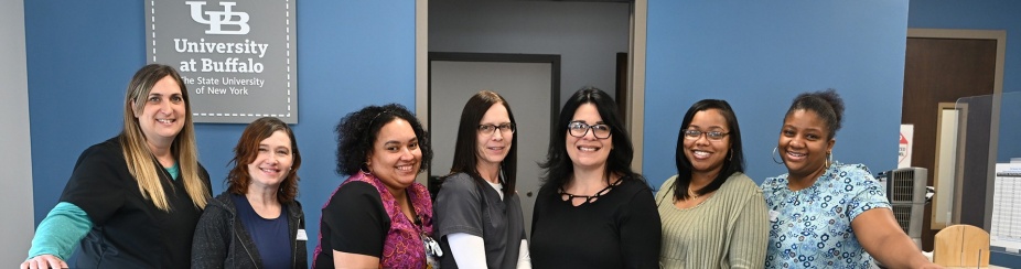 Student Health Services staff (from left to right): Christine Okoniewski, MOA; Mary Campanella, MOA; Carmen Hernandez, MOA; Lynn Jordanov, MOA; Debra Crimi, MOA; Kewpy Jones, MOA; and Raynell Blackwell, Medical Records Specialist.