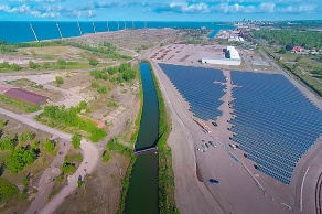 sky high drone flight over water.