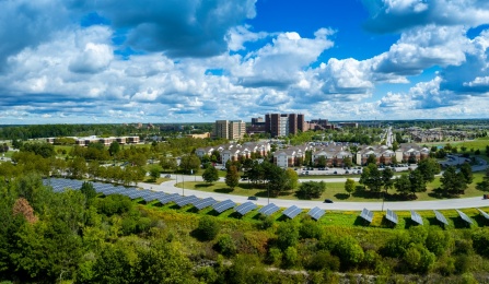 solar panels with campus view in the background.