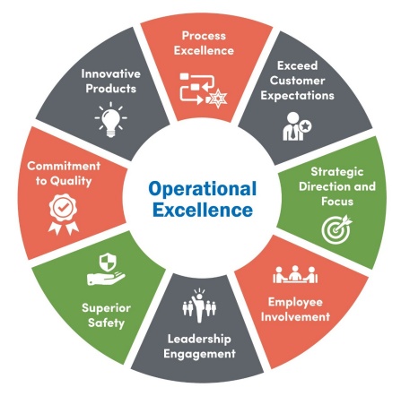 Circular graphic of Operational Excellence, defined as: process excellence, exceed customer expectations, strategic direction and focus, employee involvement, leadership engagement, superior safety, commitment to quality, and innovative products.