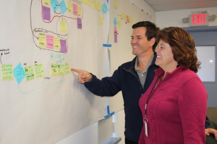 Integer employees standing at a whiteboard.