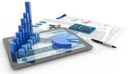 bar graph, tablet and report paper isolated on white, 3d illustration.