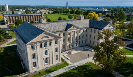 Aerial photo of the exterior of Crosby Hall on UB's south campus. 